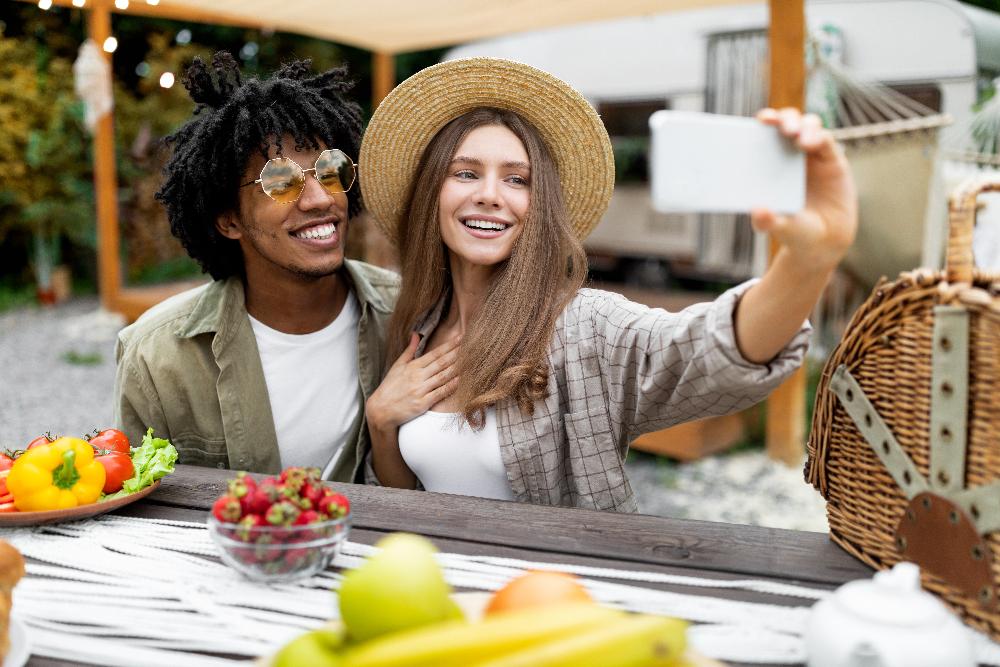 A smiling couple having lunch